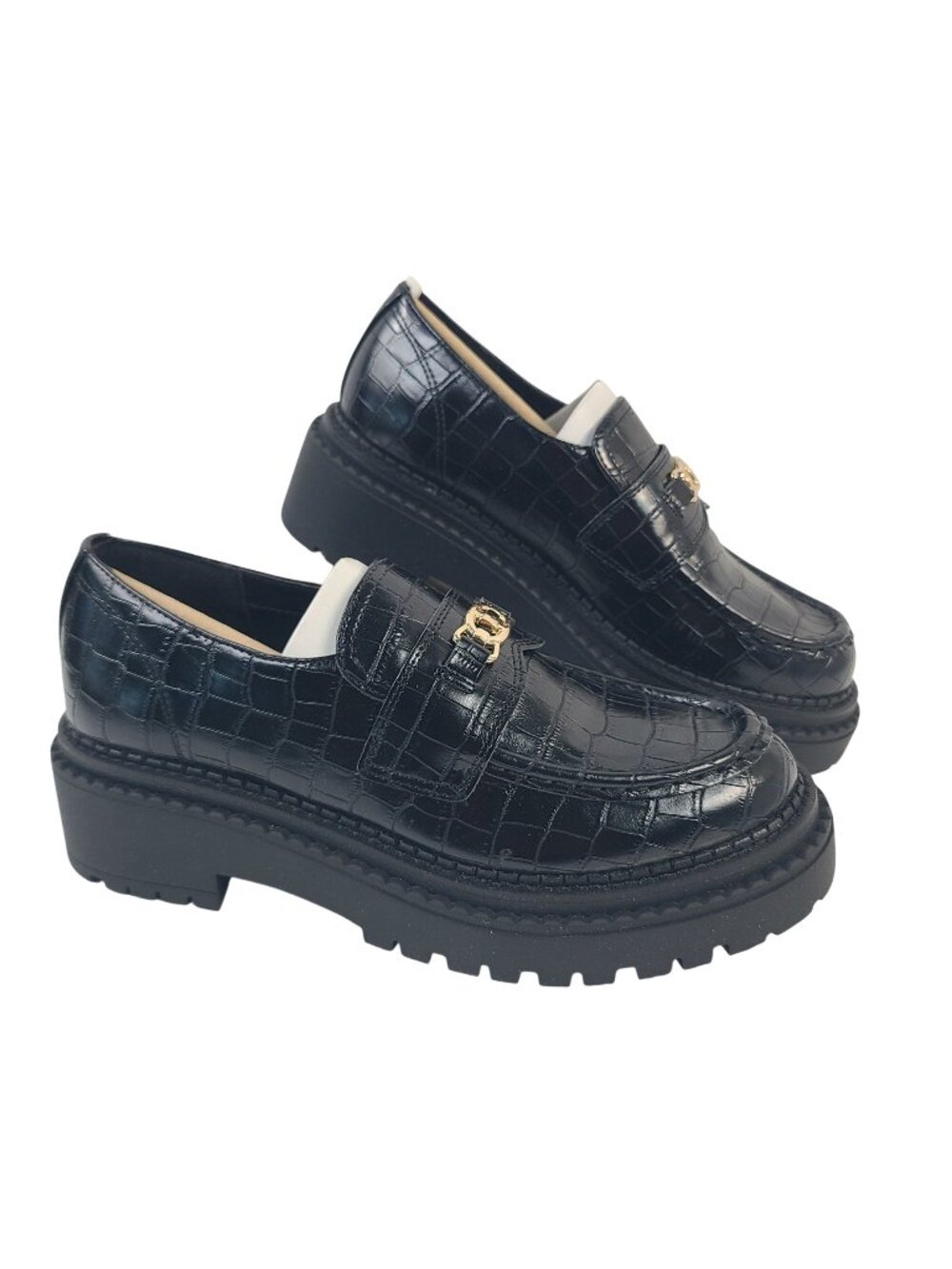 NEW Aldo Women's Black Croc-Embossed Platform Loafers Gold Accent Size US 6